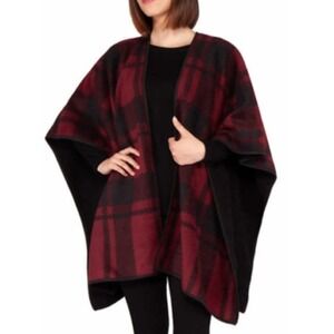 Ike Behar Womens Red Black Plaid Open Front Poncho Wrap One Size Cape Shawl